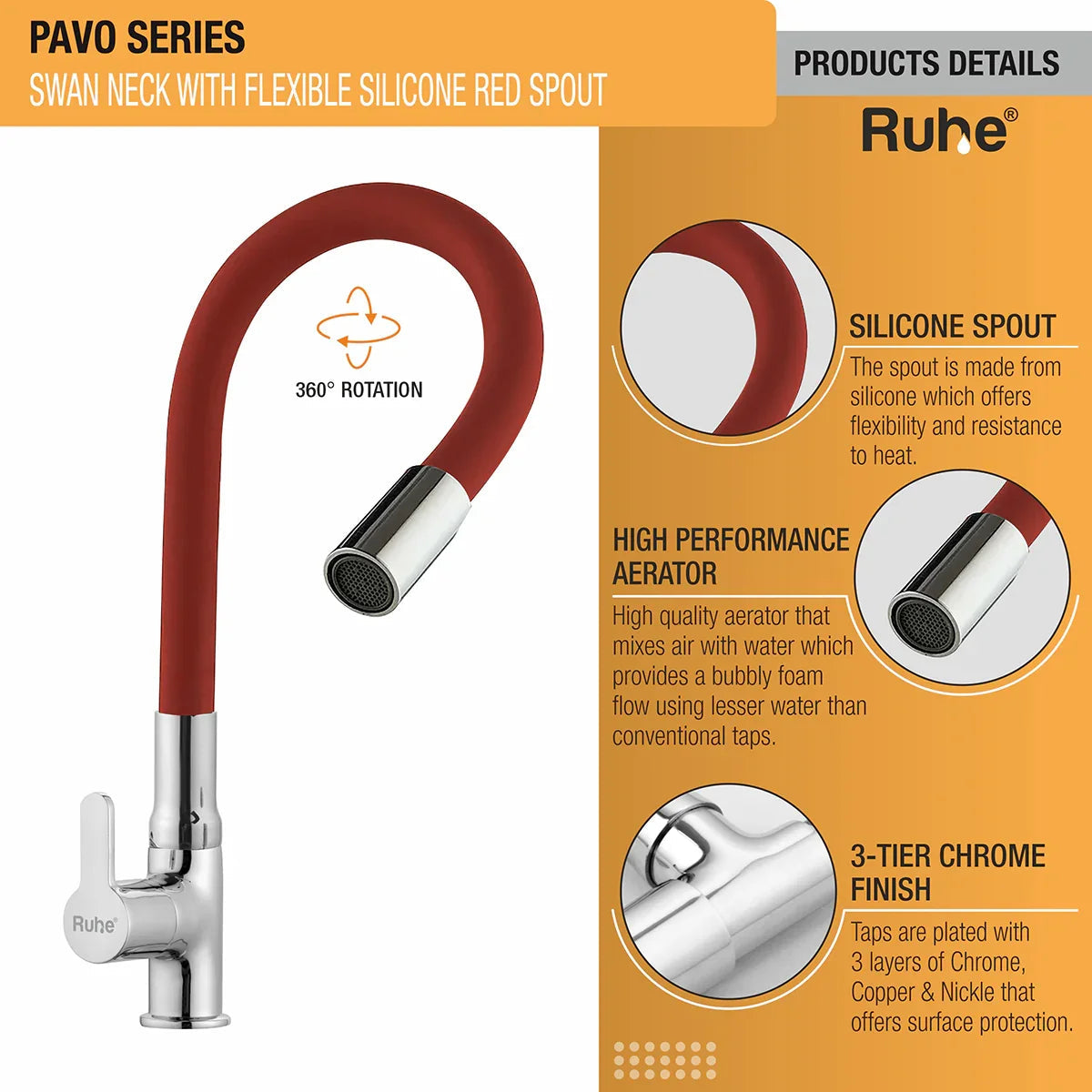 Pavo Swan Neck Brass Faucet with Silicone Red Flexible Spout product ddetails like silicone spout, high quality aerator, 3 chrome plated layer