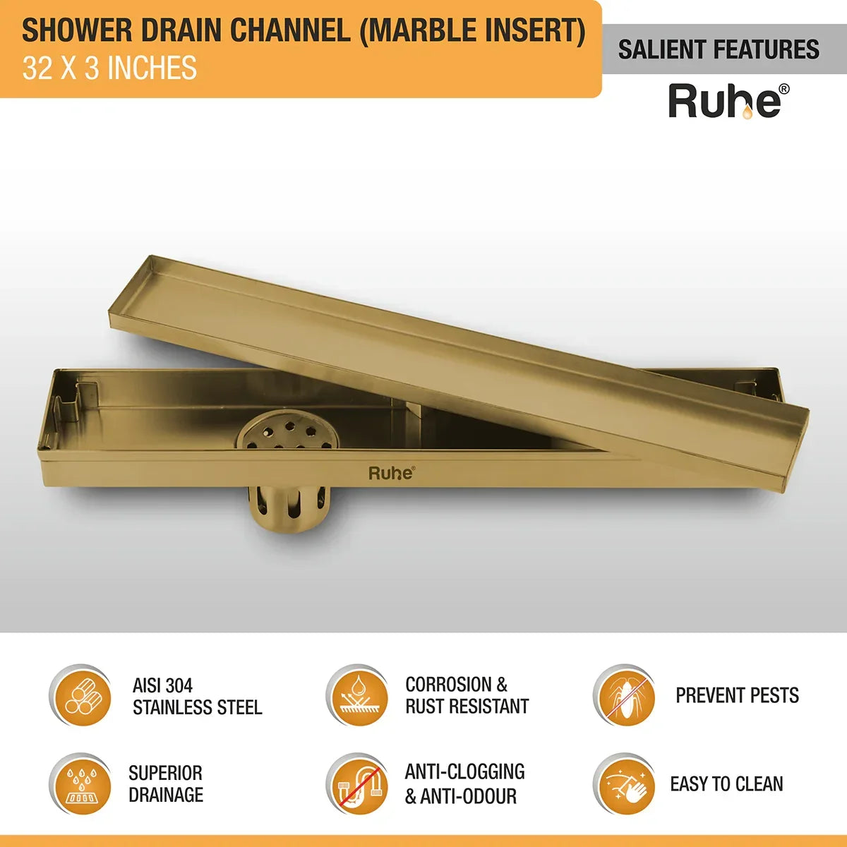 Marble-Insert Shower Drain Channel Yellow Gold (3 Inches)