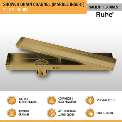 Marble-Insert Shower Drain Channel Yellow Gold (3 Inches)