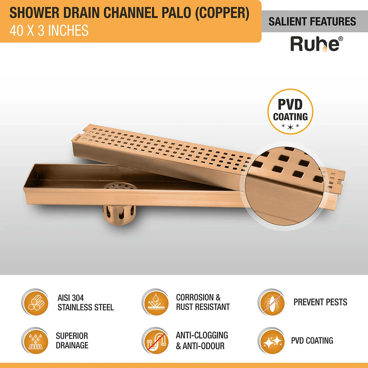 Palo Shower Drain Channel (40 x 3 Inches) Antique Copper PVD Coated - by Ruhe