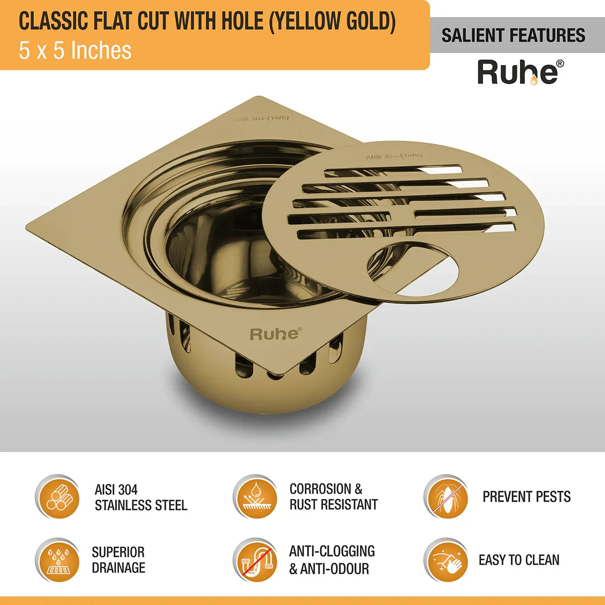 Classic Square Flat Cut Floor Drain in Yellow Gold PVD Coating (5 x 5 Inches) with Hole features and benefits