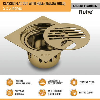 Classic Square Flat Cut Floor Drain in Yellow Gold PVD Coating (5 x 5 Inches) with Hole features and benefits