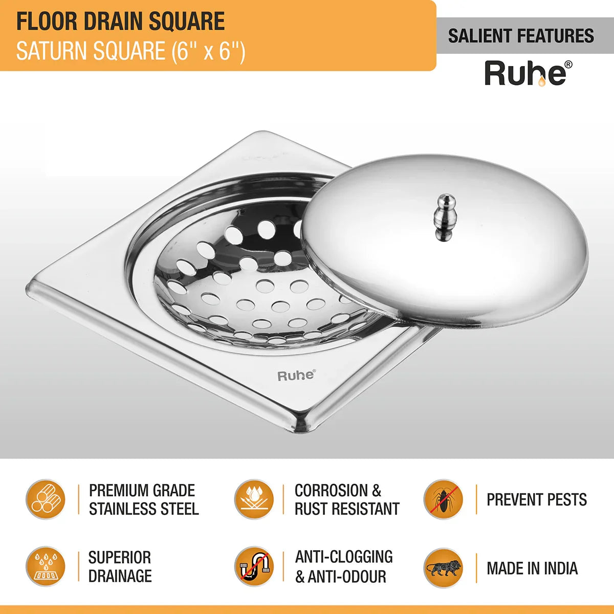 Saturn Square Floor Drain (6 x 6 Inches) with Lid features