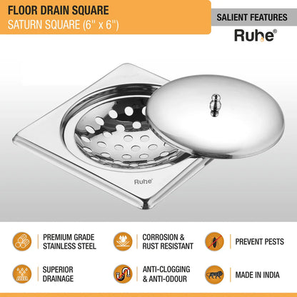 Saturn Square Floor Drain (6 x 6 Inches) with Lid features