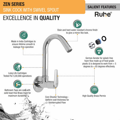 Zen Wall Mount Kitchen Sink Tap with Swivel Spout
