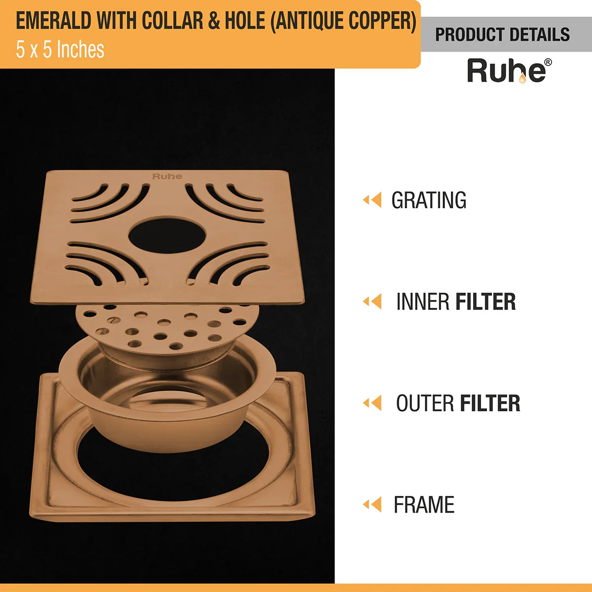 Emerald Square Flat Cut Floor Drain in Antique Copper PVD Coating (5 x 5 Inches) with Hole - by Ruhe