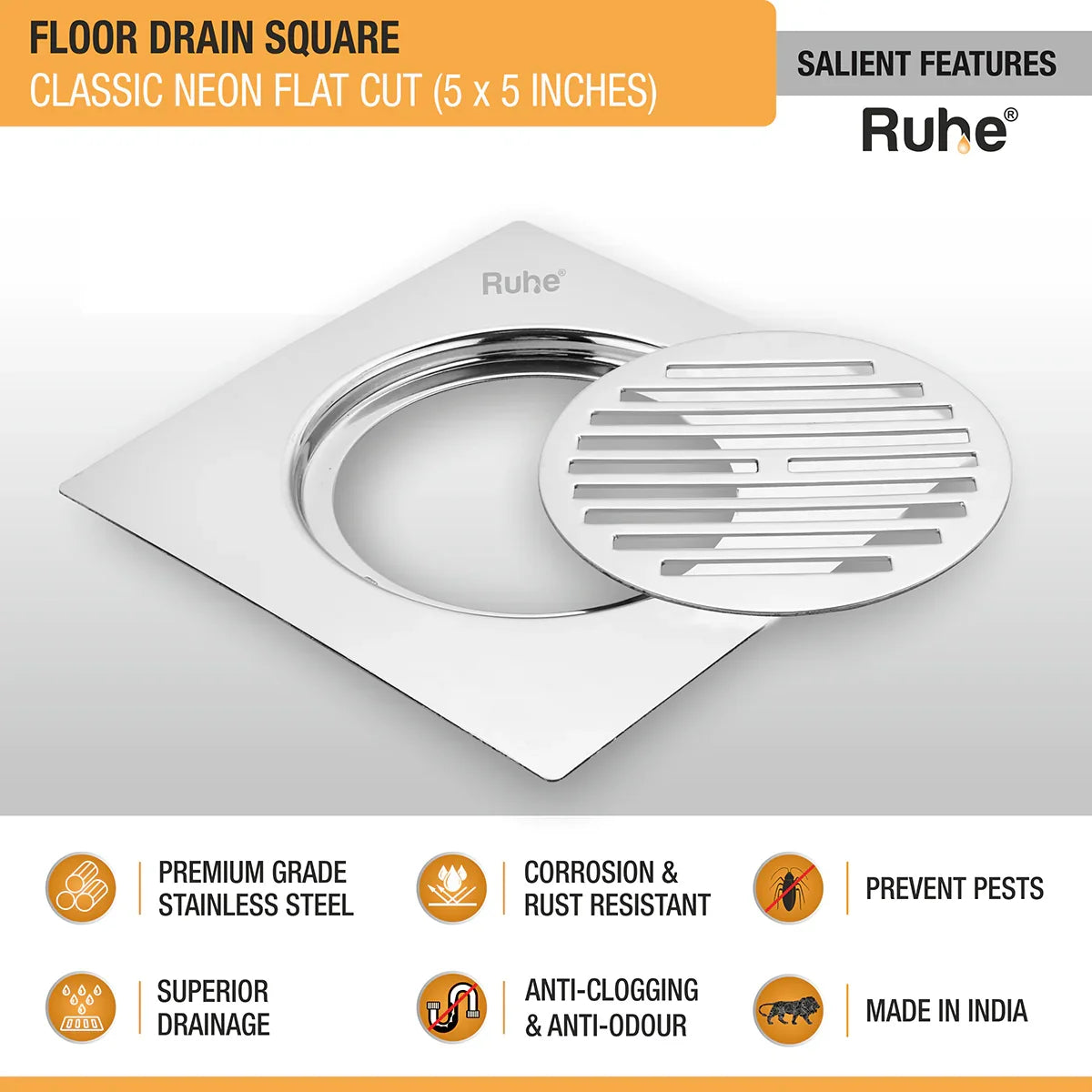 Classic Neon Square Flat Cut Floor Drain (5 x 5 inches) features