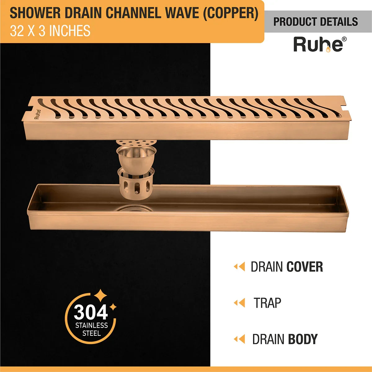 Wave Shower Drain Channel (32 x 3 Inches) Antique Copper PVD Coated - by Ruhe
