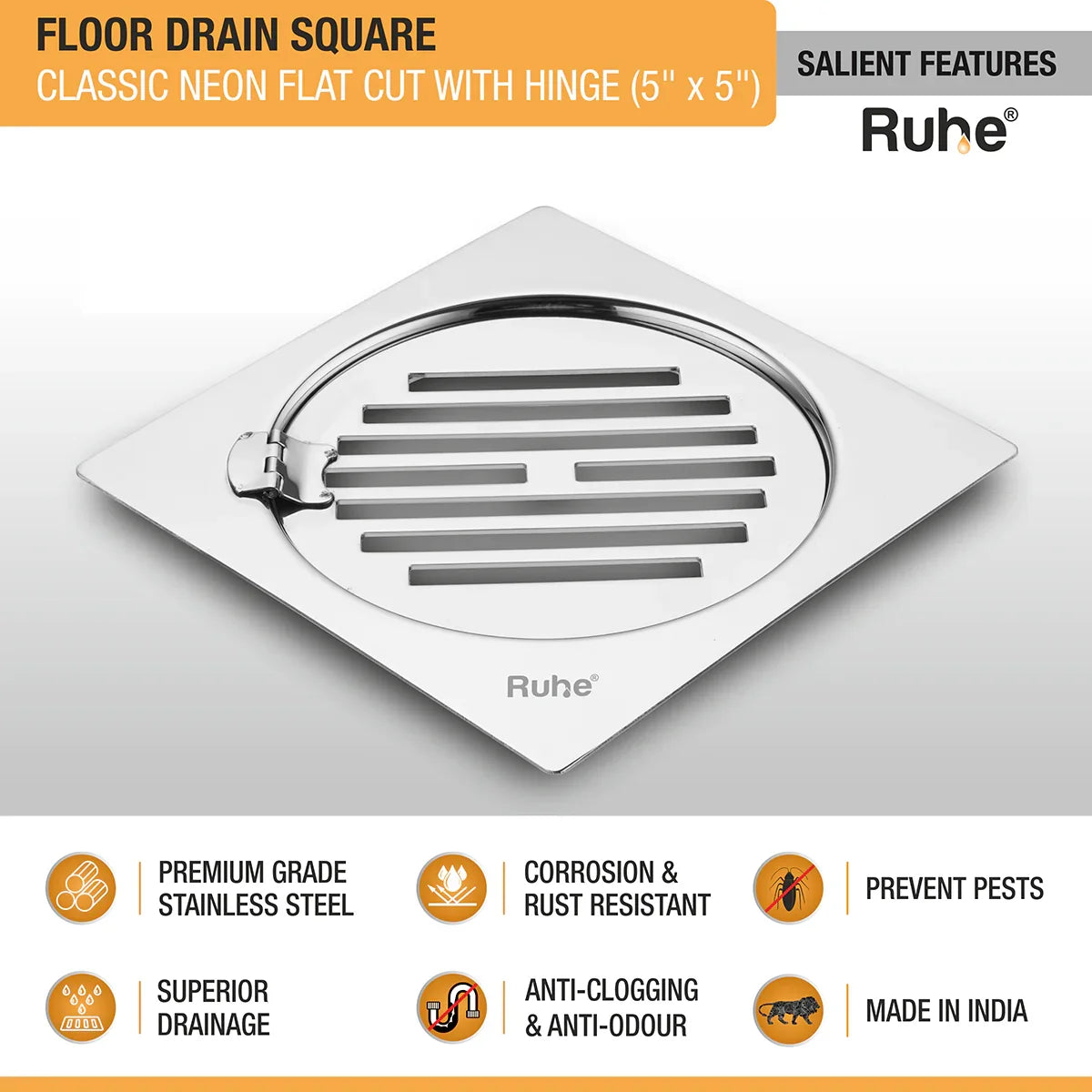 Classic Neon Square Flat Cut Floor Drain (5 x 5 inches) with Hinged Grating Top features