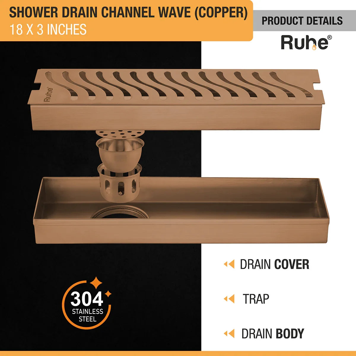 Wave Shower Drain Channel (18 x 3 Inches) Antique Copper PVD Coated - by Ruhe