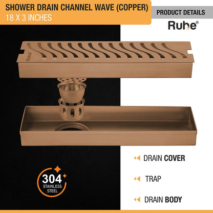 Wave Shower Drain Channel (18 x 3 Inches) Antique Copper PVD Coated - by Ruhe