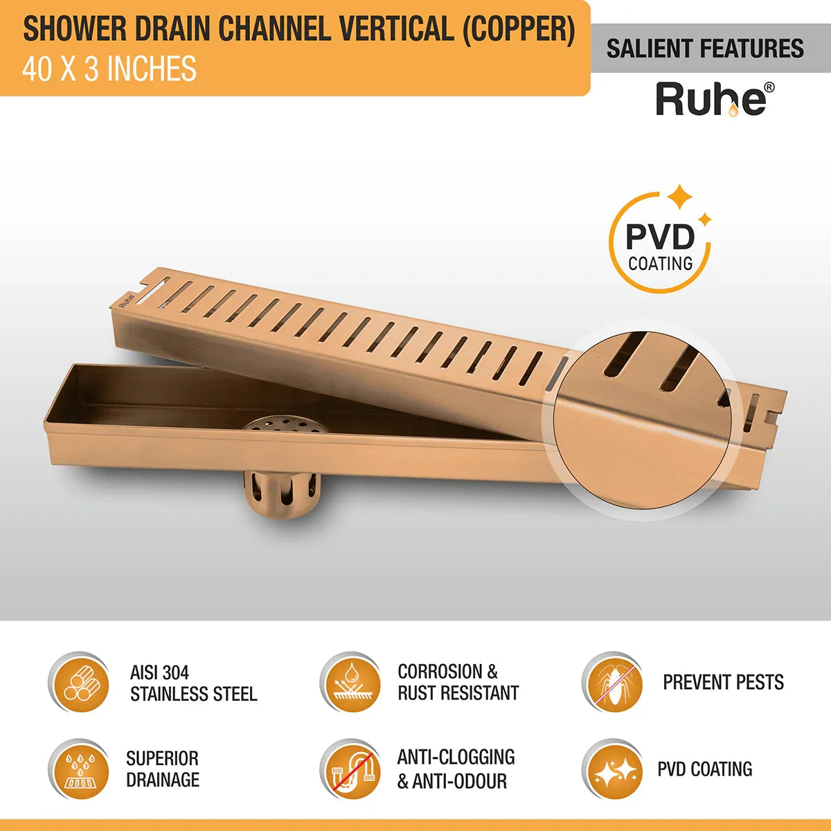 Vertical Shower Drain Channel (40 x 3 Inches) Antique Copper PVD Coated - by Ruhe