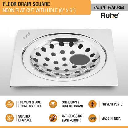 Square Neon Floor Drain Flat Cut (6 x 6 inches) with Hole features