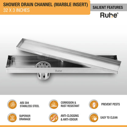 Marble-Insert Shower Drain Channel (3 Inches)