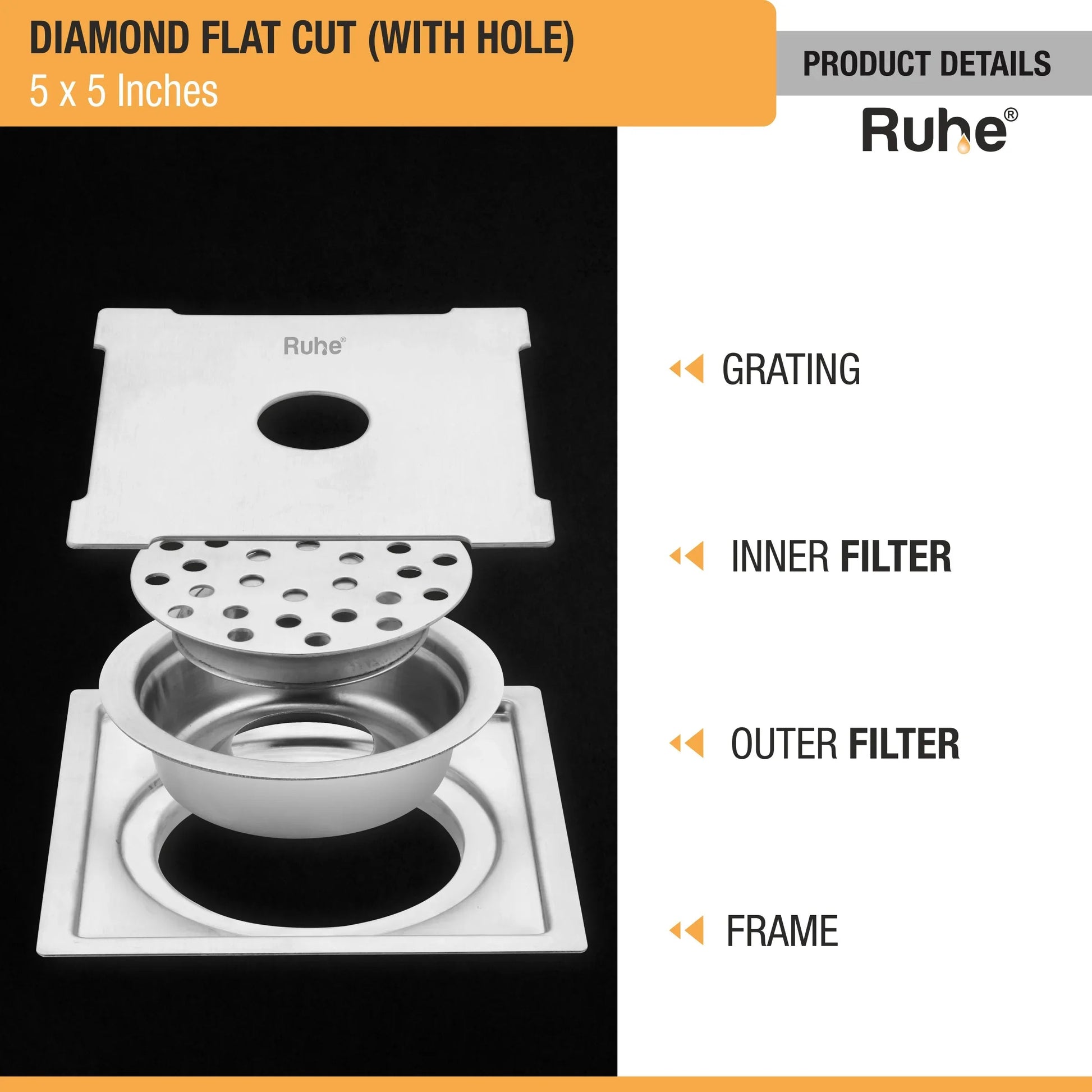 Diamond Floor Drain Square Flat Cut (5 x 5 Inches) with Hole and Cockroach Trap (304 Grade) product details
