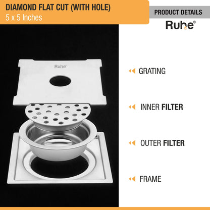 Diamond Floor Drain Square Flat Cut (5 x 5 Inches) with Hole and Cockroach Trap (304 Grade) product details