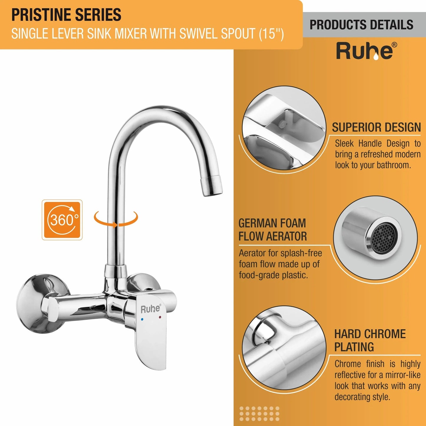 Pristine Single Lever Wall-mount Kitchen Sink Mixer Tap with Medium Swivel Spout (15") - by Ruhe