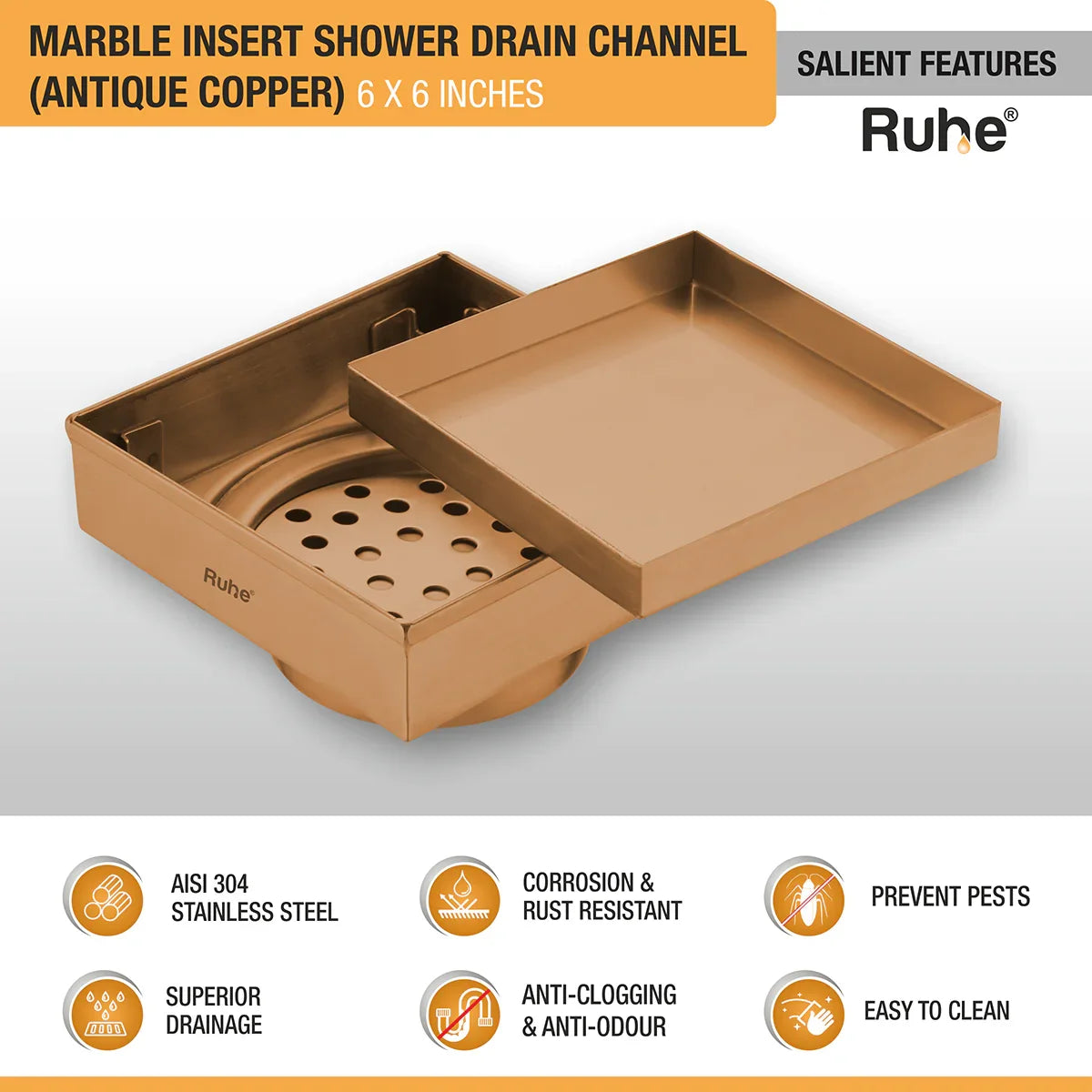 Marble Insert Shower Drain Channel (6 x 6 Inches) Antique Copper PVD Coated - by Ruhe