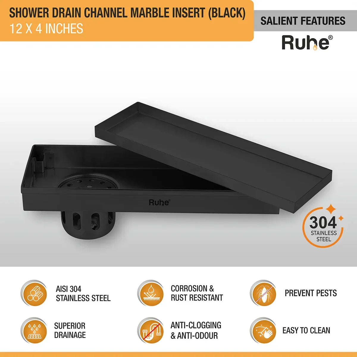 Marble-Insert Shower Drain Channel (4 Inches)