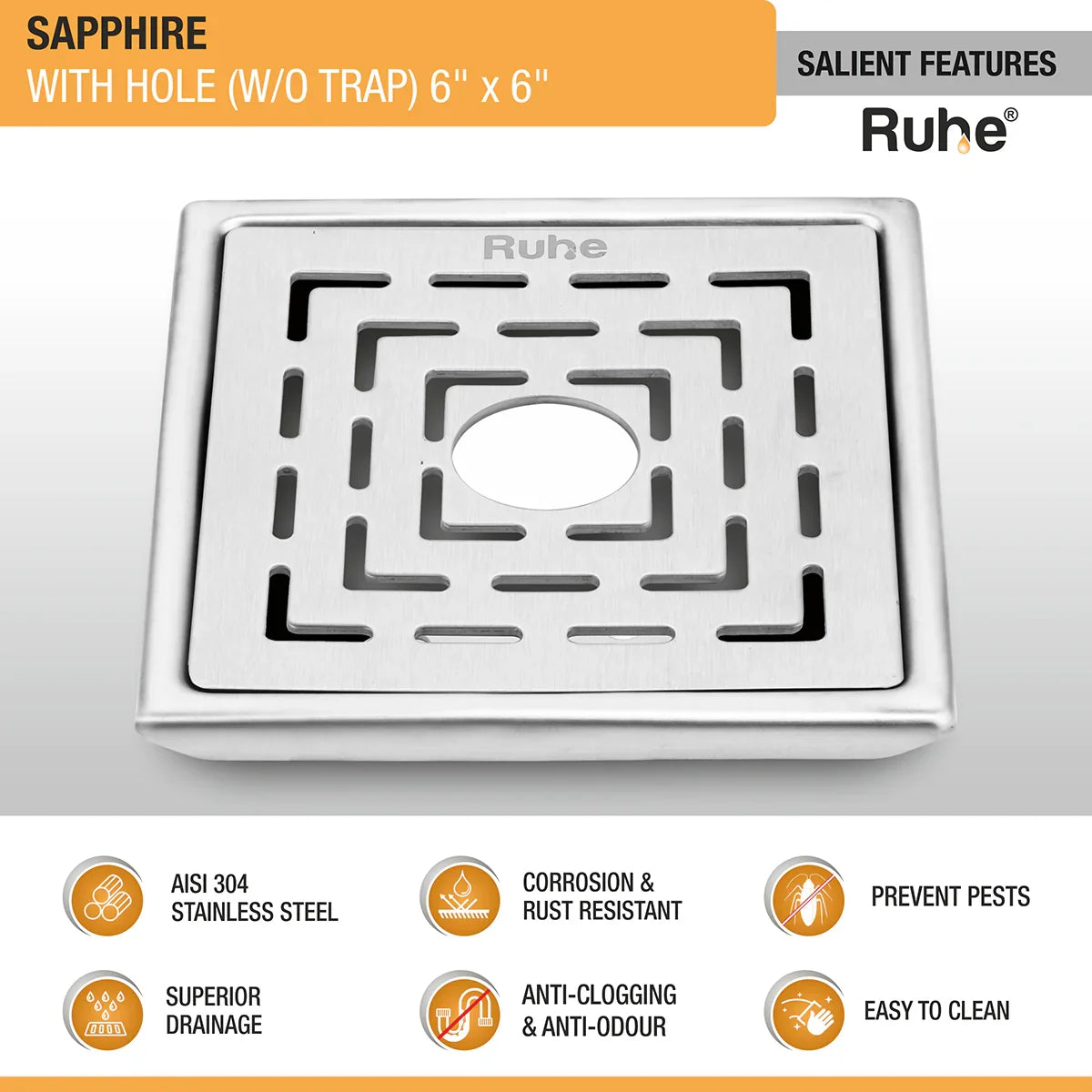 Sapphire Square 304-Grade Floor Drain with Hole (6 x 6 Inches) - by Ruhe