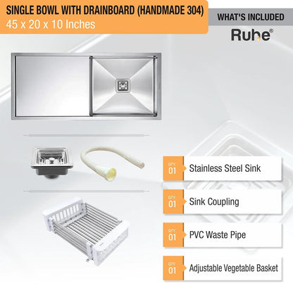 Handmade Single Bowl with Drainboard Kitchen Sink (45 x 20 x 10 Inches) (What's Included)