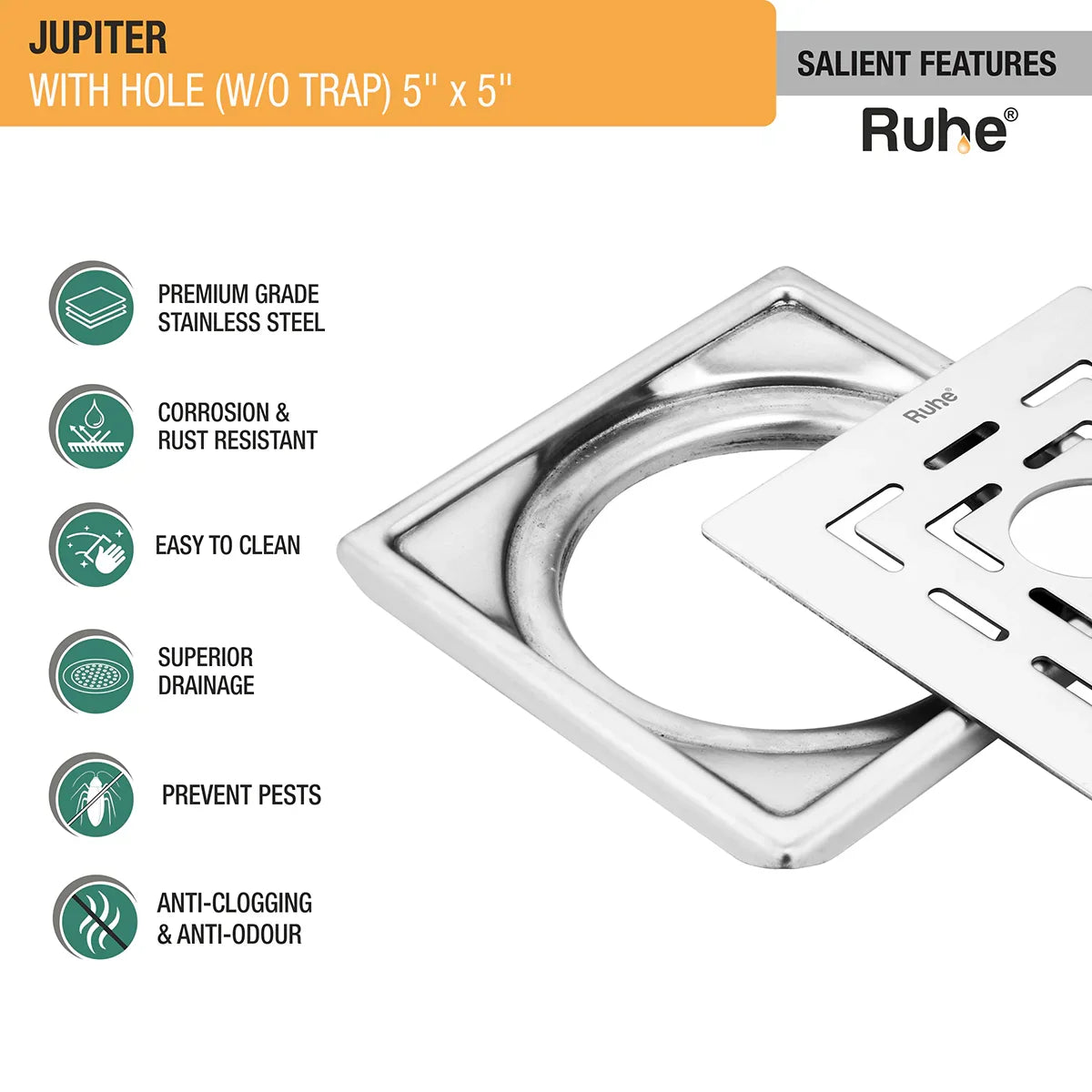 Jupiter Square Premium Floor Drain (5 x 5 Inches) with Hole - by Ruhe