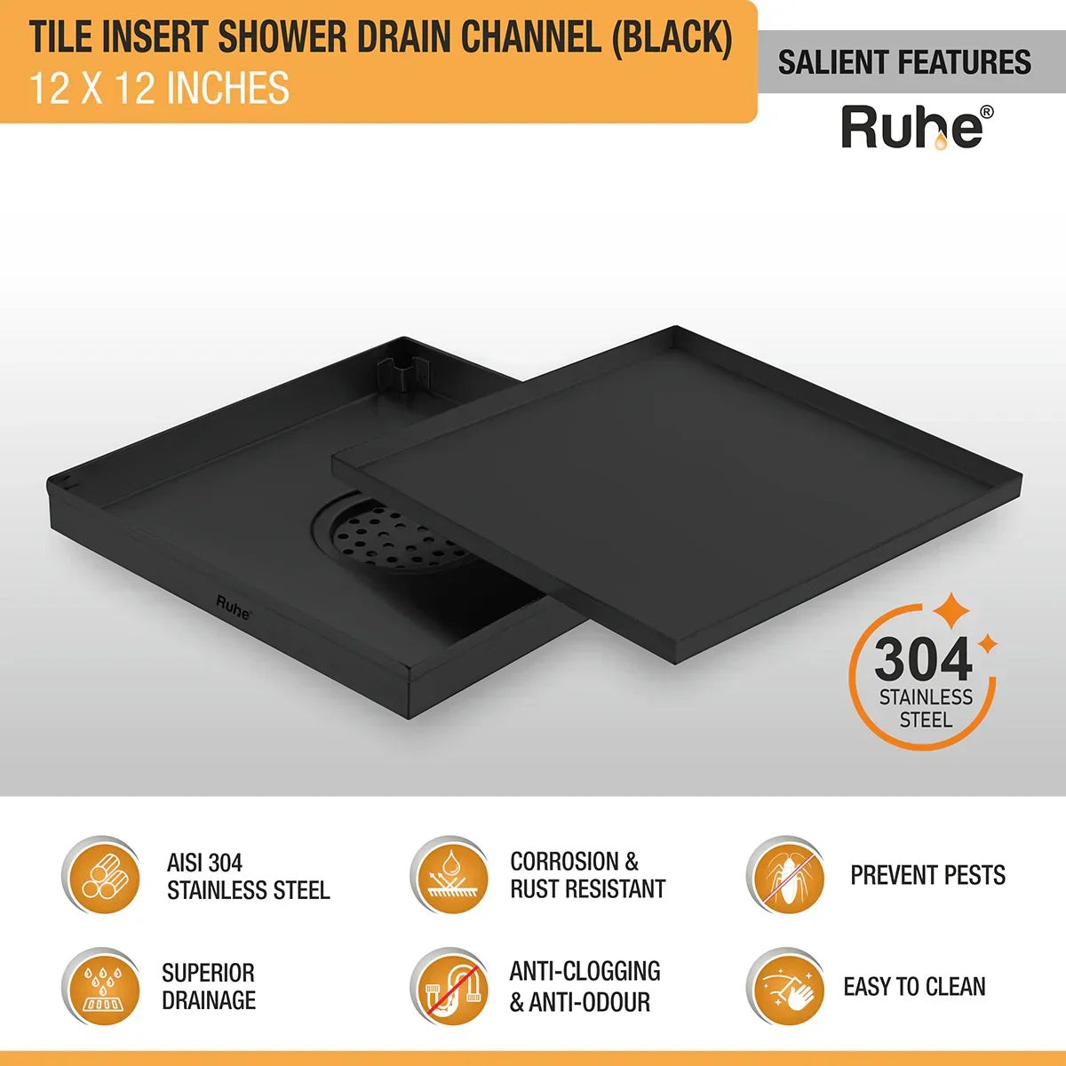 Tile-Insert Shower Drain Channel (12 x 12 Inches)