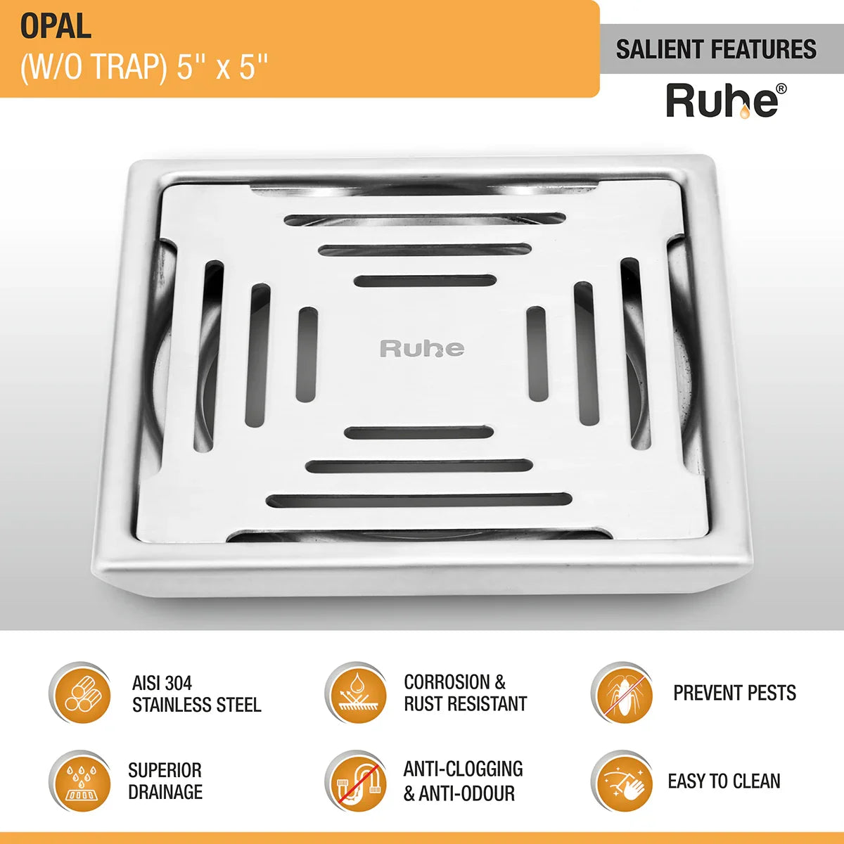 Opal Square 304-Grade Floor Drain (5 x 5 Inches) - by Ruhe