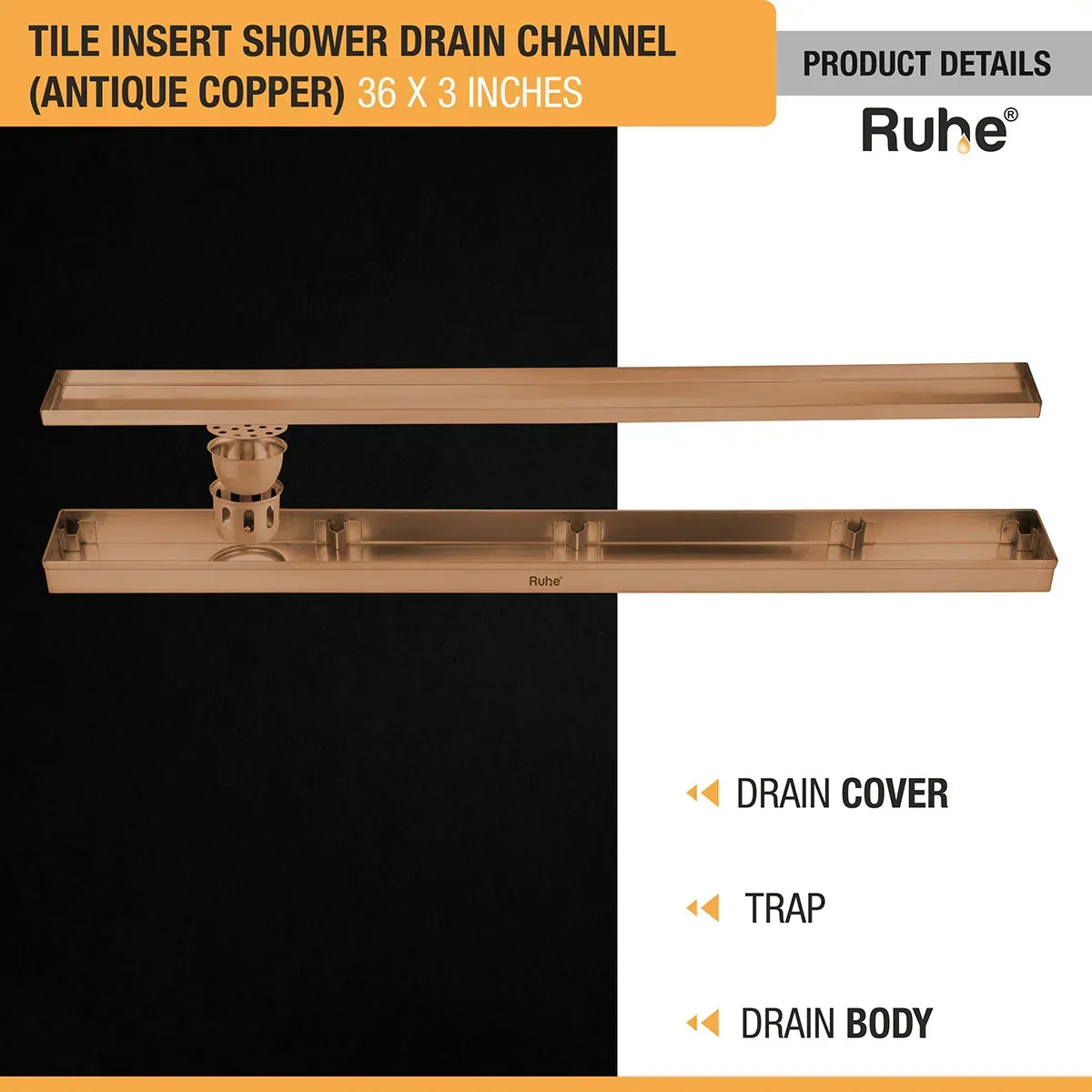 Palo Shower Drain Channel (48 x 5 Inches) Antique Copper PVD Coated - by Ruhe