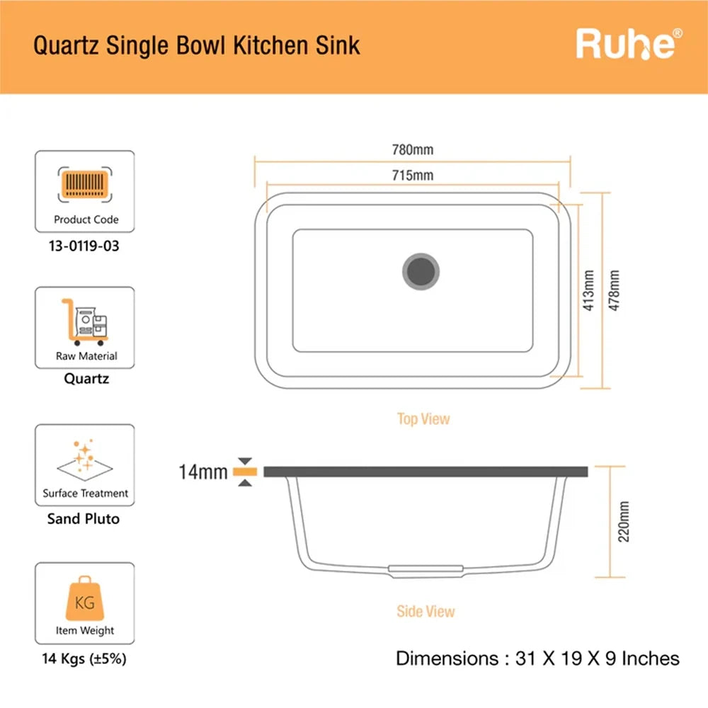 Quartz Single Bowl Sand Pluto Kitchen Sink (31 x 19 x 9 Inches)
