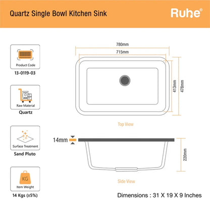 Quartz Single Bowl Sand Pluto Kitchen Sink (31 x 19 x 9 Inches)