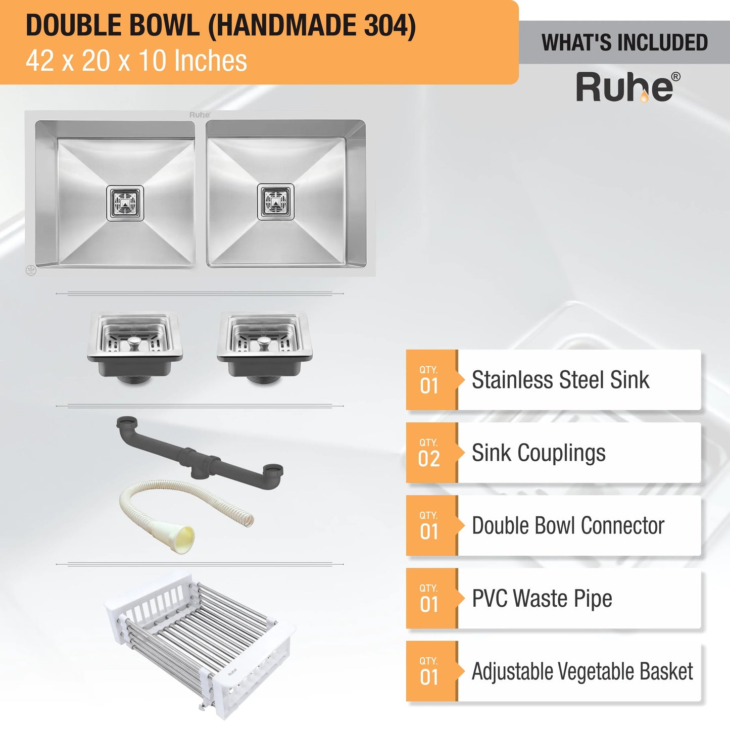 Handmade Double Bowl Kitchen Sink (42 x 20 x 10 Inches)