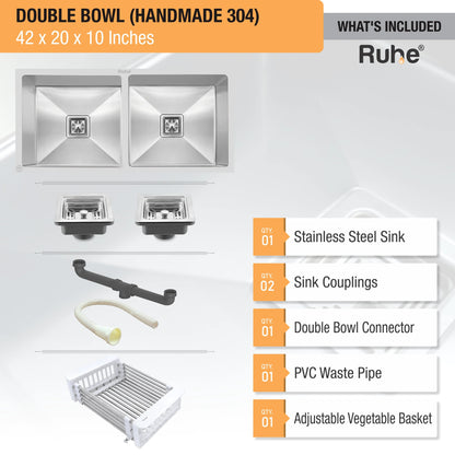 Handmade Double Bowl Kitchen Sink (42 x 20 x 10 Inches)