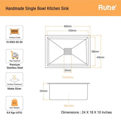 Handmade Single Bowl Kitchen Sink (24 x 18 x 10 Inches)