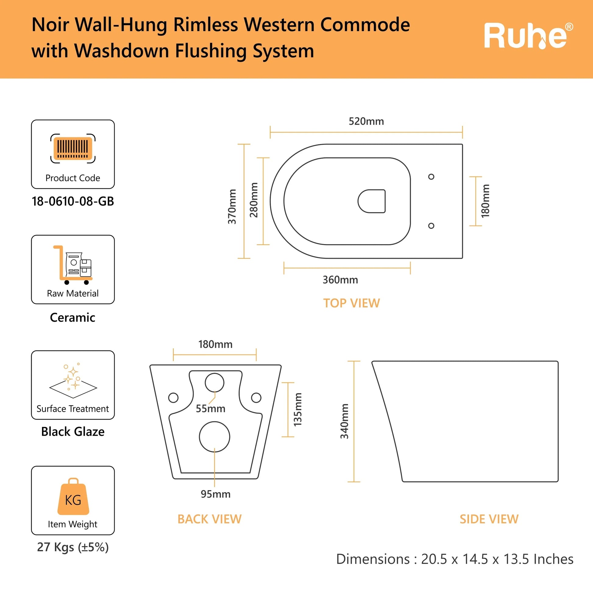 Noir Wall-Hung Western Commode(Dimensions) 