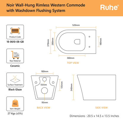 Noir Wall-Hung Western Commode(Dimensions) 