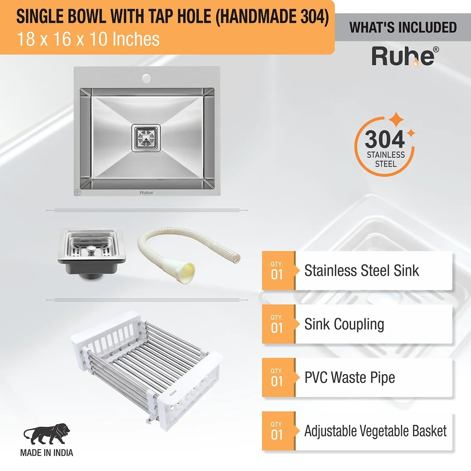 Handmade Single Bowl with Tap Hole Kitchen Sink (18 x 16 x 10 Inches) (What's Included)