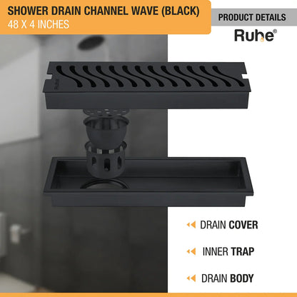 Wave Shower Drain Channel (48 x 4 Inches) Black PVD Coated with drain cover, inner insect trap, drain body
