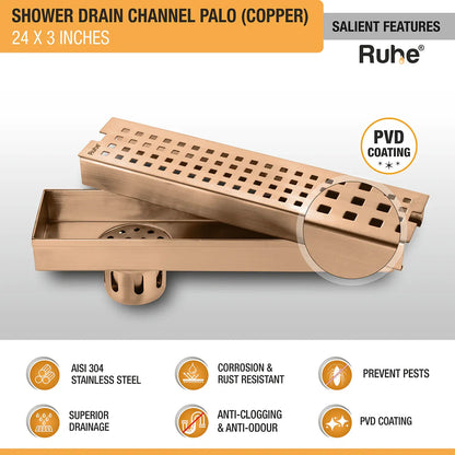 Palo Shower Drain Channel (24 x 3 Inches) Antique Copper PVD Coated - by Ruhe