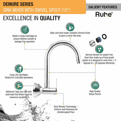 Demure Sink Mixer Brass Faucet with Medium (15 inches) Round Swivel Spout - by Ruhe