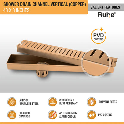 Vertical Shower Drain Channel (48 x 3 Inches) Antique Copper PVD Coated - by Ruhe