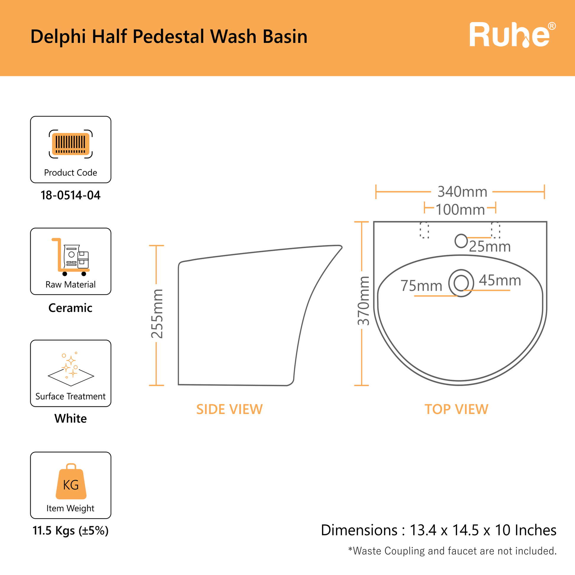Delphi Half Pedestal Wash Basin (dimensions)