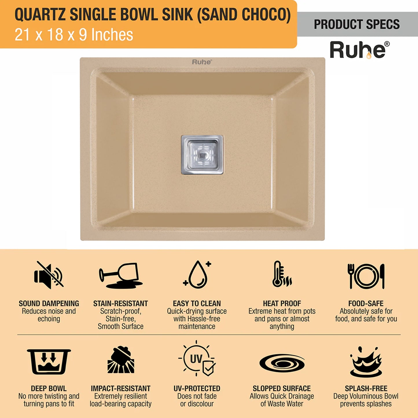 Quartz Single Bowl Kitchen Sink (21 x 18 x 9 Inches)
