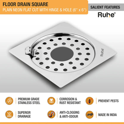 Plain Neon Square Flat Cut Floor Drain (6 x 6 inches) with Hinged Grating Top and Hole features