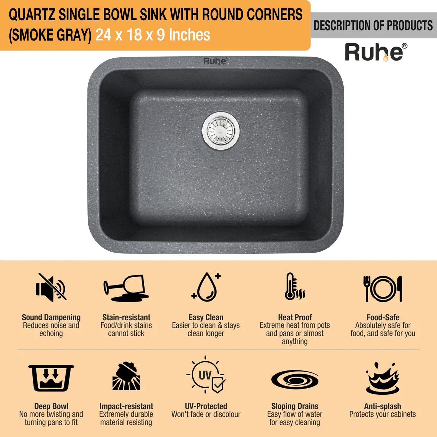 Quartz Single Bowl Round Kitchen Sink (24 x 18 x 9 Inches)