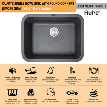 Quartz Single Bowl Round Kitchen Sink (24 x 18 x 9 Inches)