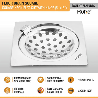 Neon Square Flat Cut Floor Drain (5 x 5 inches) with Hinged Grating Top features