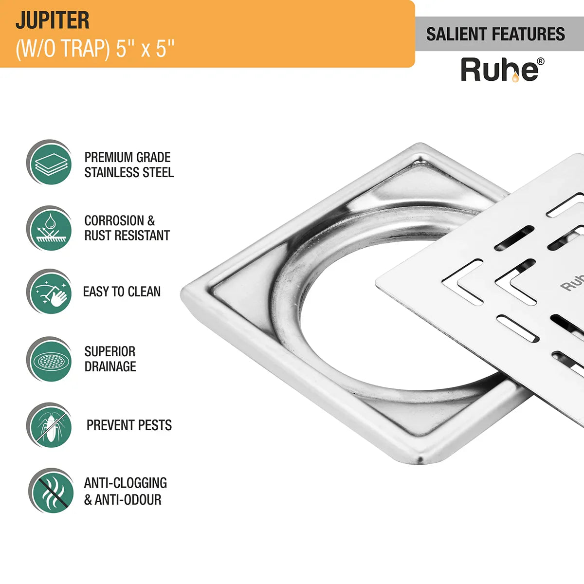 Jupiter Square Premium Floor Drain (5 x 5 Inches) - by Ruhe