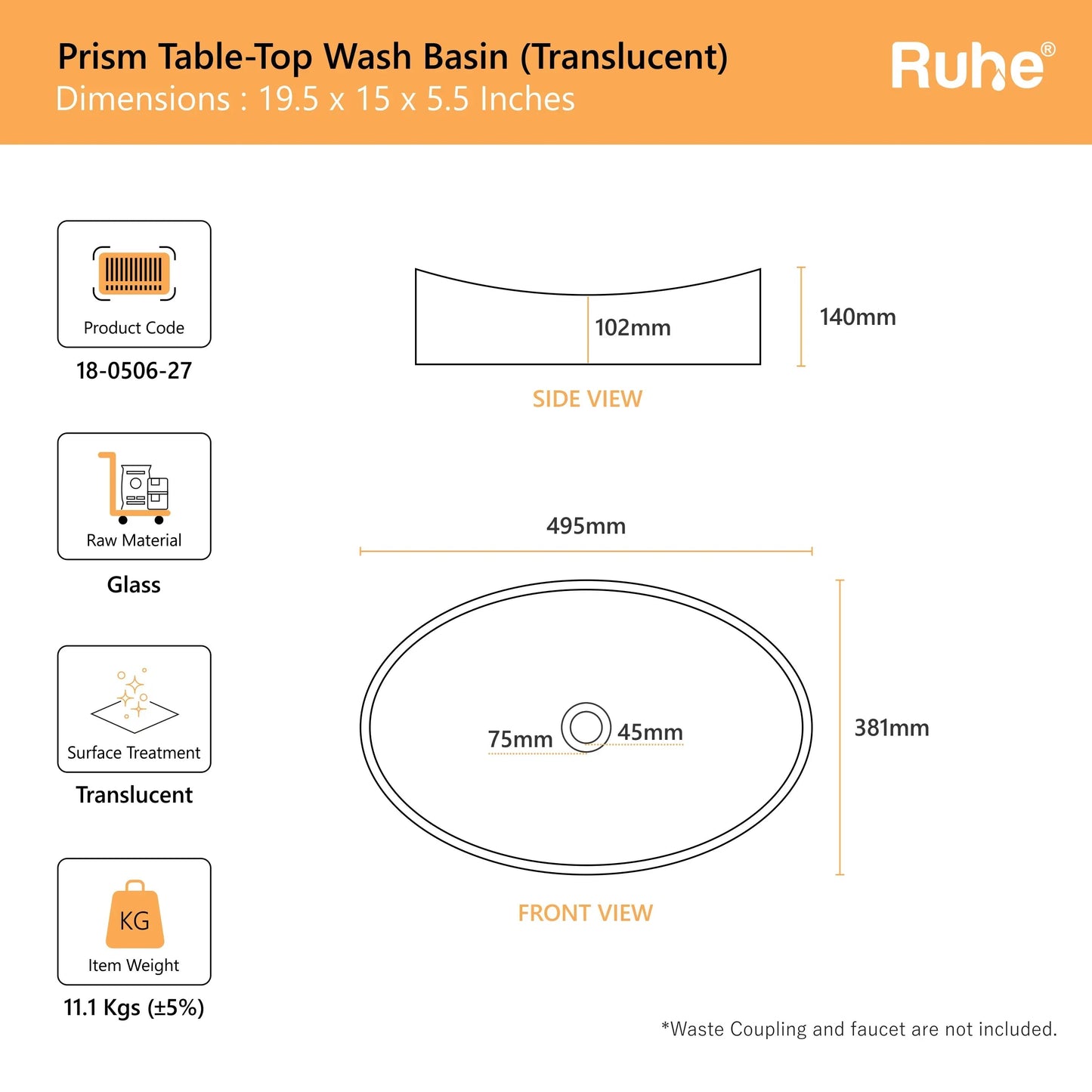 Prism Table-Top Wash Basin (dimensions)