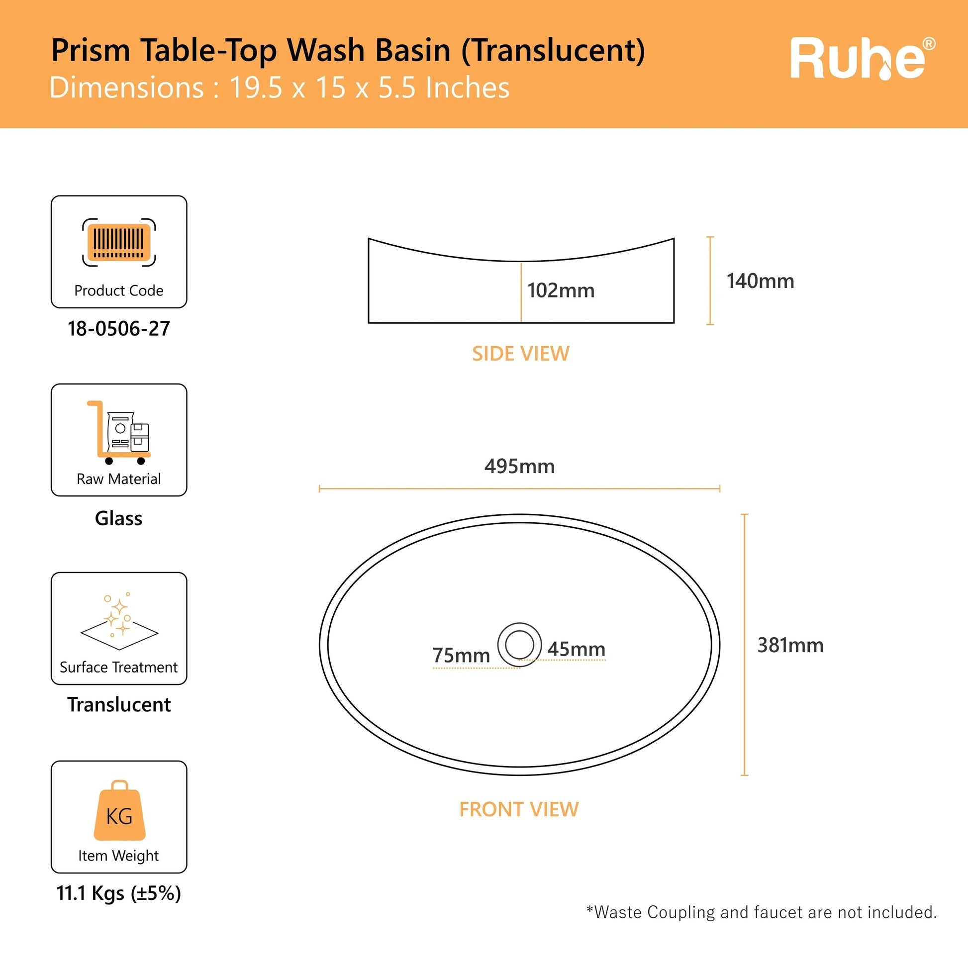 Prism Table-Top Wash Basin (dimensions)